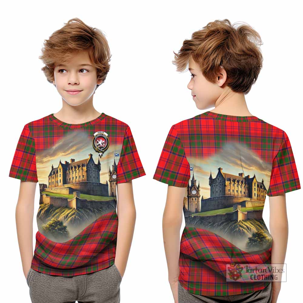 Heron Tartan Family Crest Kid T-Shirt with Scottish Ancient Castle Style - Tartan Vibes Clothing