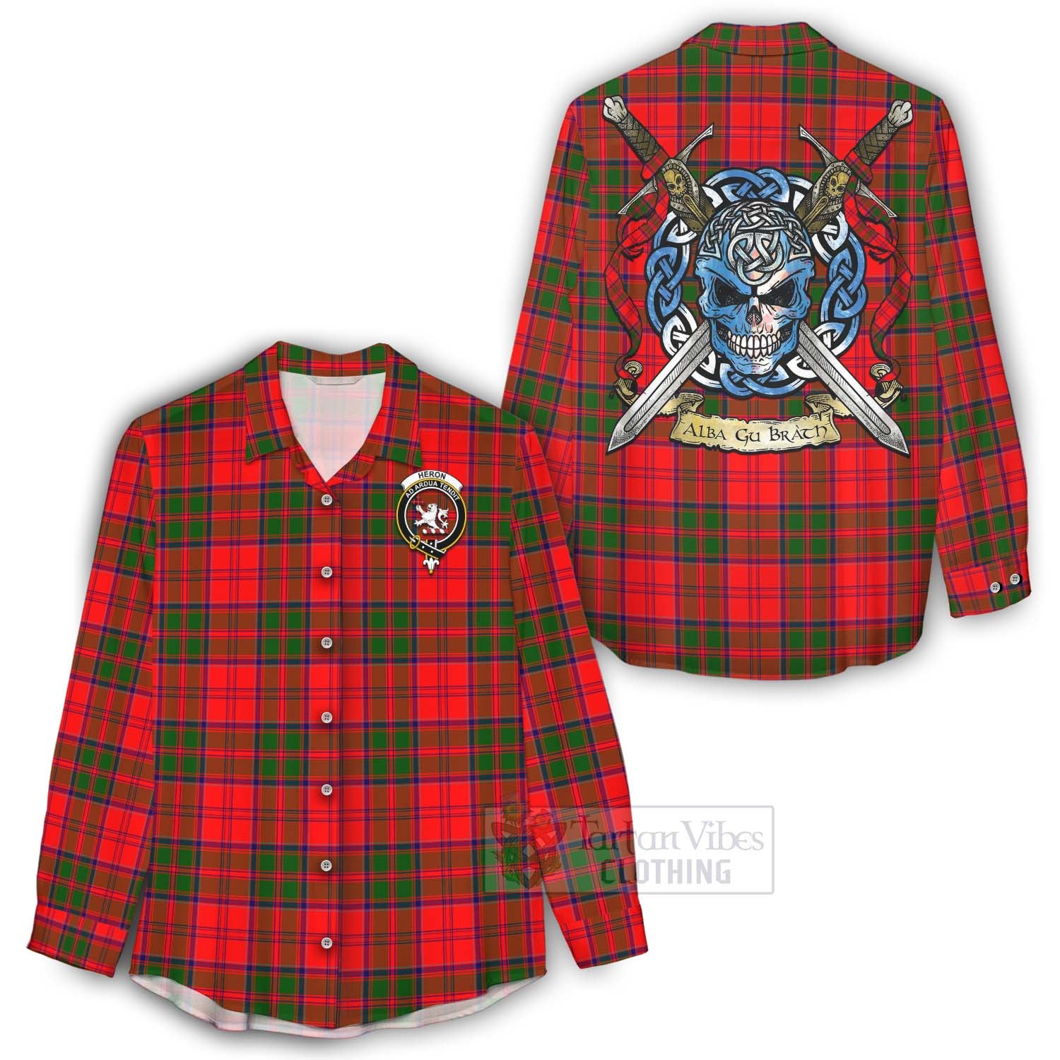Heron Tartan Women's Casual Shirt with Family Crest Celtic Skull Style - Tartan Vibes Clothing
