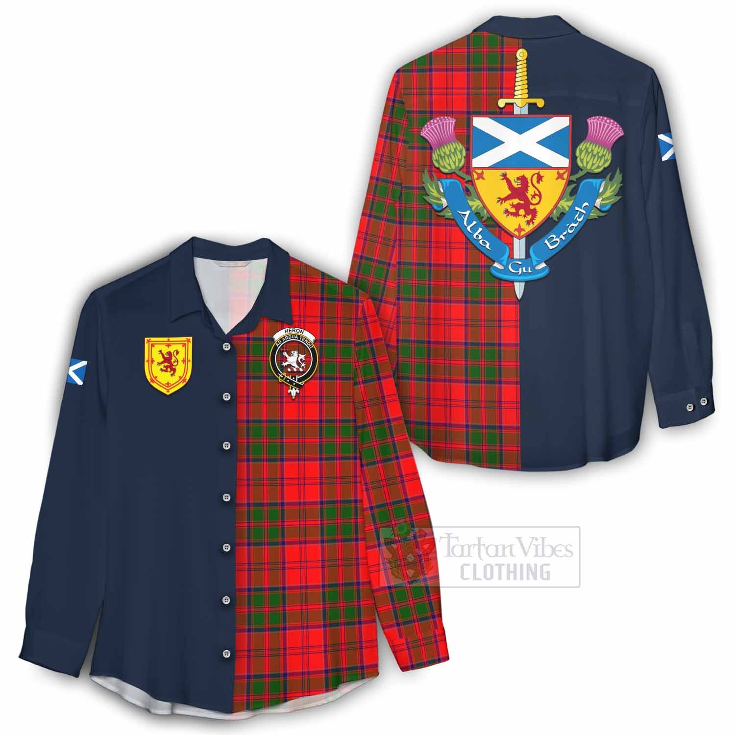 Heron Tartan Women's Casual Shirt Alba with Scottish Lion Royal Arm Half Style - Tartan Vibes Clothing