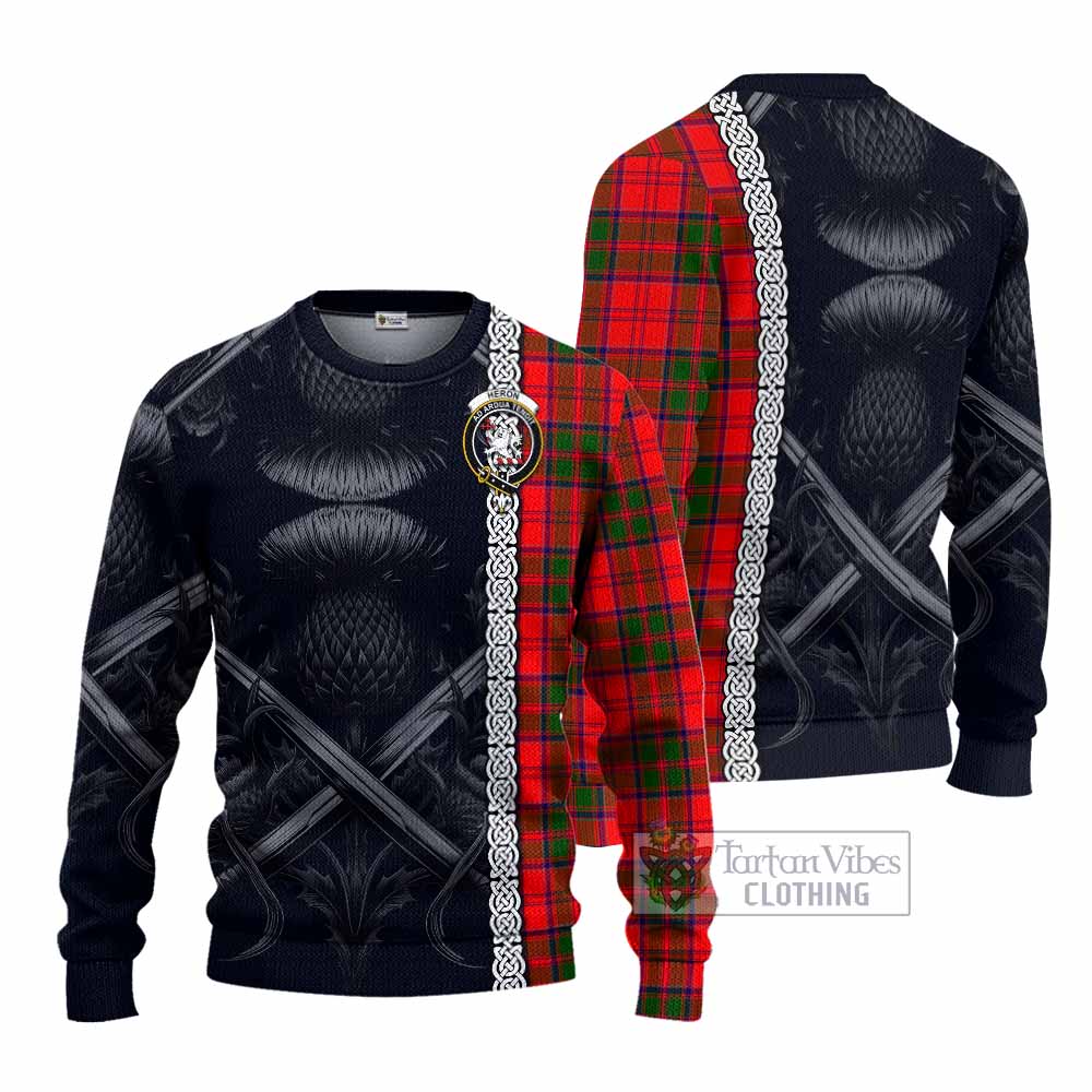 Heron Tartan Knitted Sweater with Family Crest Cross Sword Thistle Celtic Vibes - Tartan Vibes Clothing