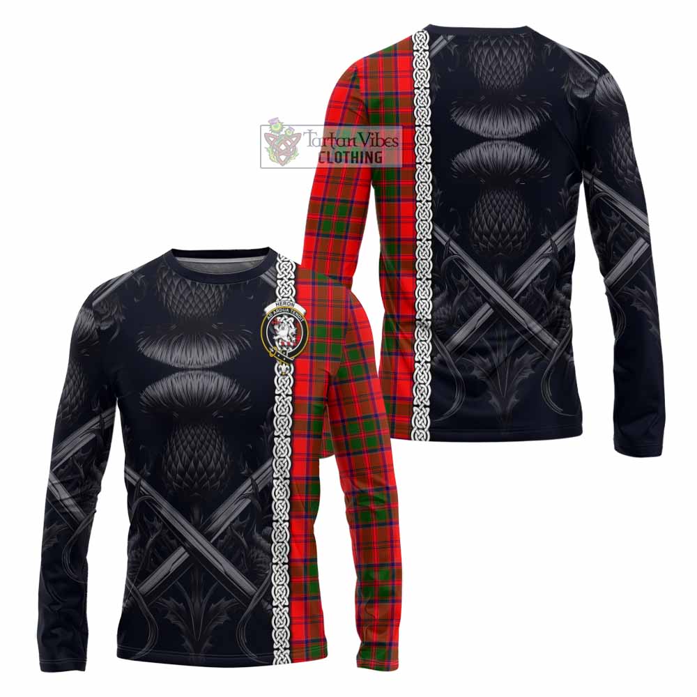 Heron Tartan Long Sleeve T-Shirt with Family Crest Cross Sword Thistle Celtic Vibes - Tartan Vibes Clothing