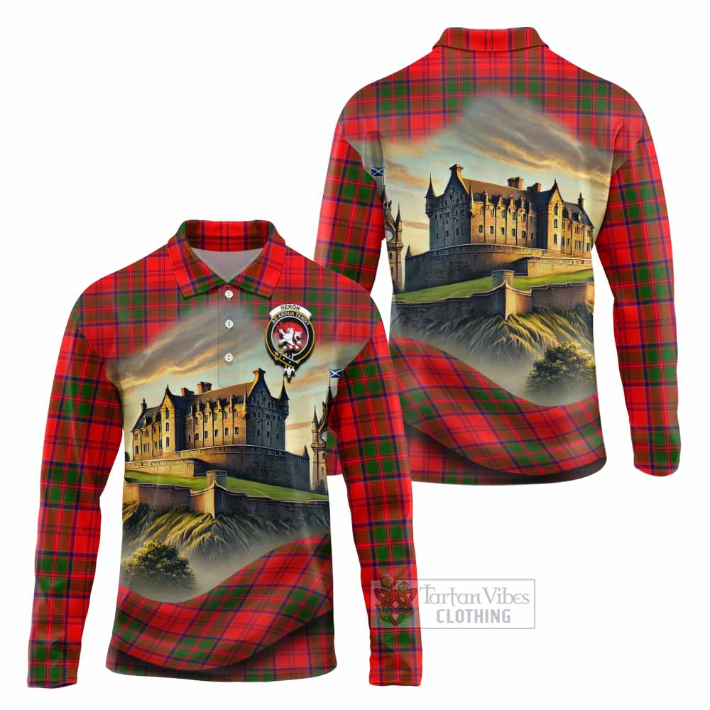 Heron Tartan Family Crest Long Sleeve Polo Shirt with Scottish Ancient Castle Style - Tartan Vibes Clothing