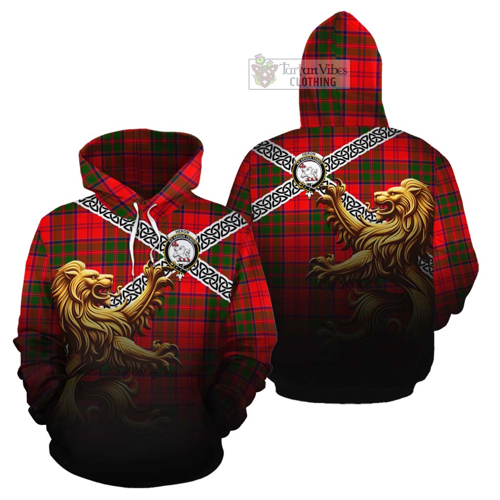 Heron Crest Tartan Cotton Hoodie with Golden Lion Emblem Celtic Style - Tartan Vibes Clothing