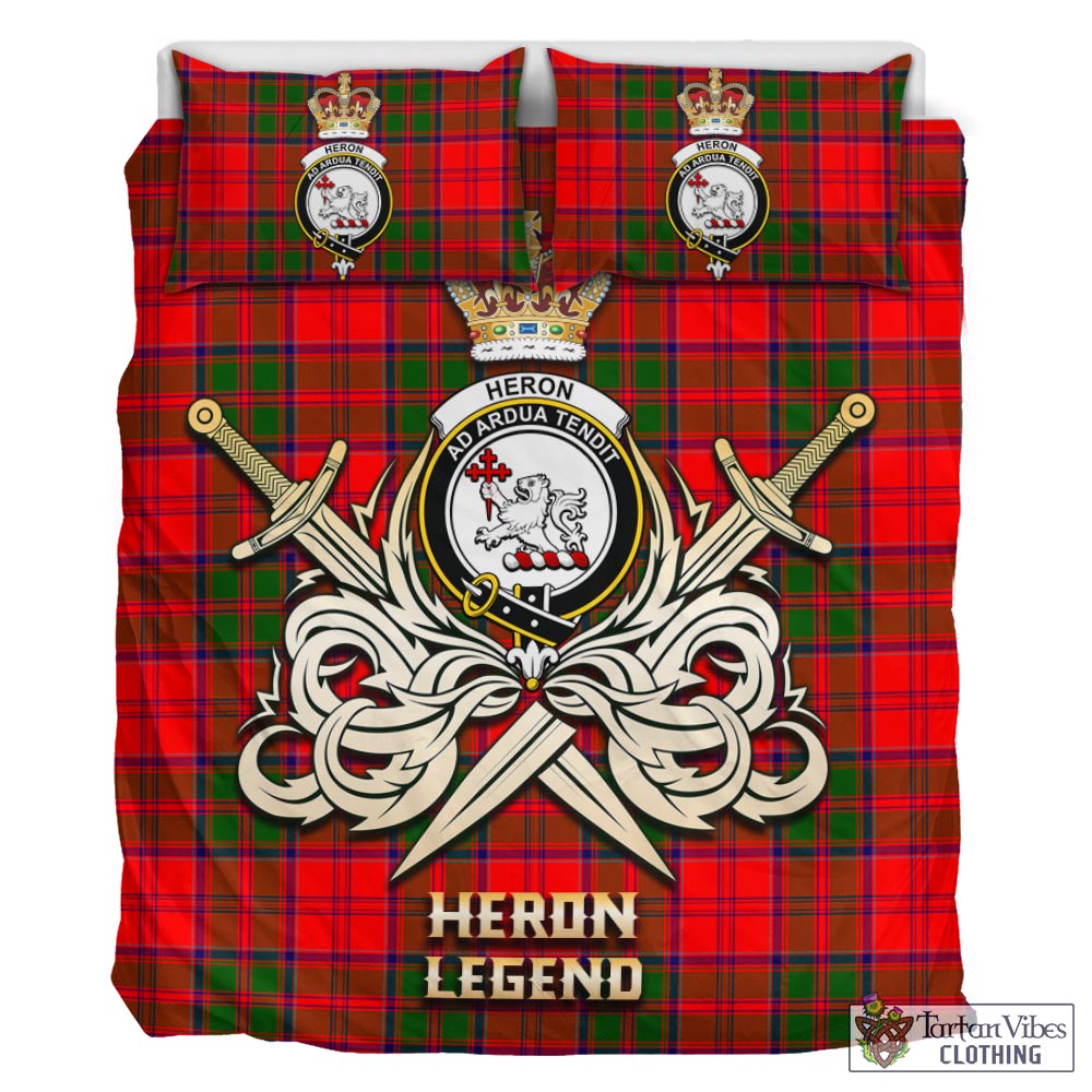 Tartan Vibes Clothing Heron Tartan Bedding Set with Clan Crest and the Golden Sword of Courageous Legacy