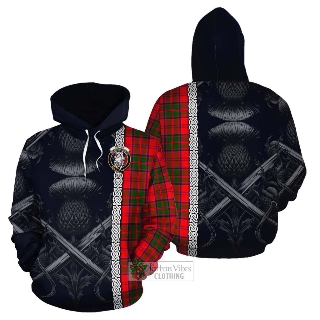 Heron Tartan Cotton Hoodie with Family Crest Cross Sword Thistle Celtic Vibes - Tartan Vibes Clothing