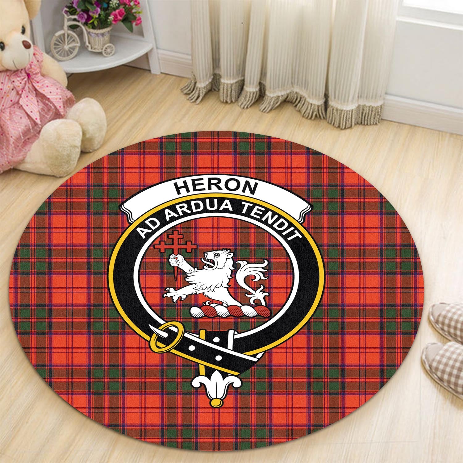 Heron Tartan Round Rug with Family Crest - Tartan Vibes Clothing