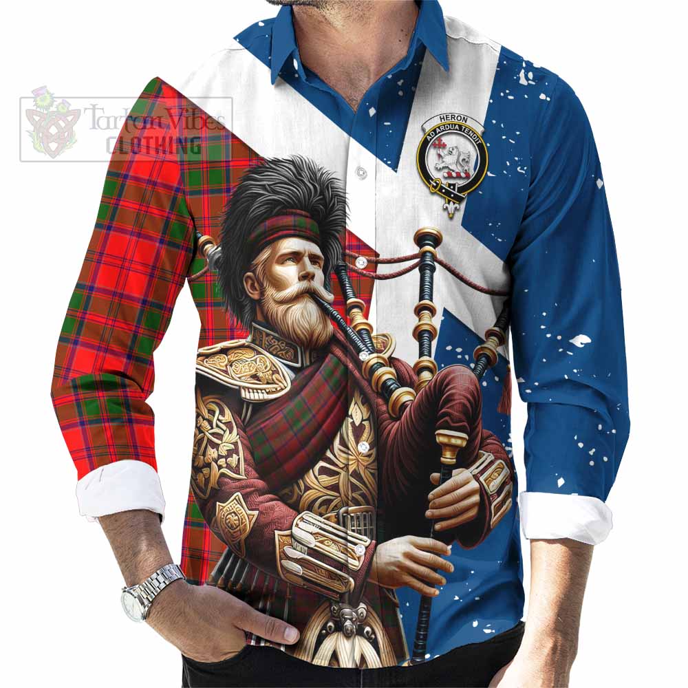 Heron Tartan Long Sleeve Button Shirt with Family Crest Scottish Bagpiper Vibes - Tartan Vibes Clothing