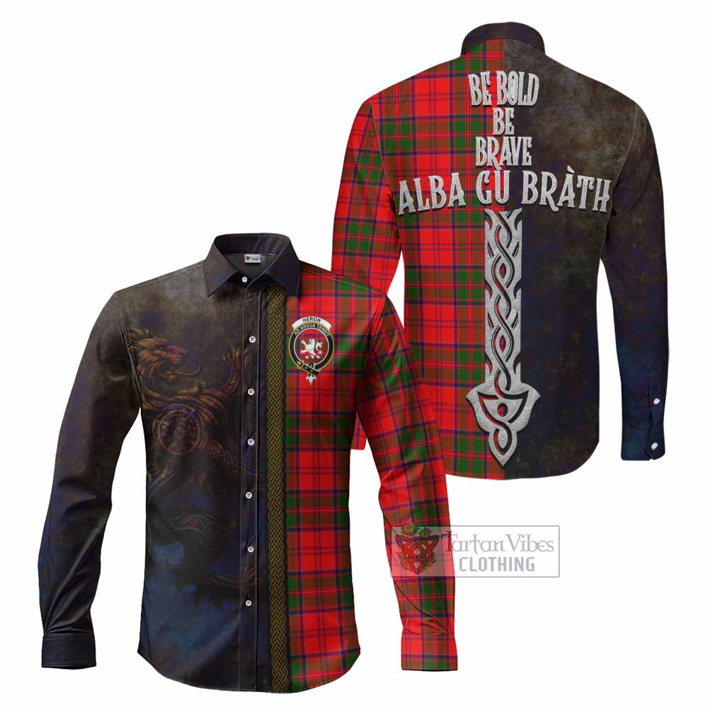Heron Tartan Family Crest Long Sleeve Button Shirt Alba Gu Brath Be Brave Lion Ancient Style - Tartan Vibes Clothing