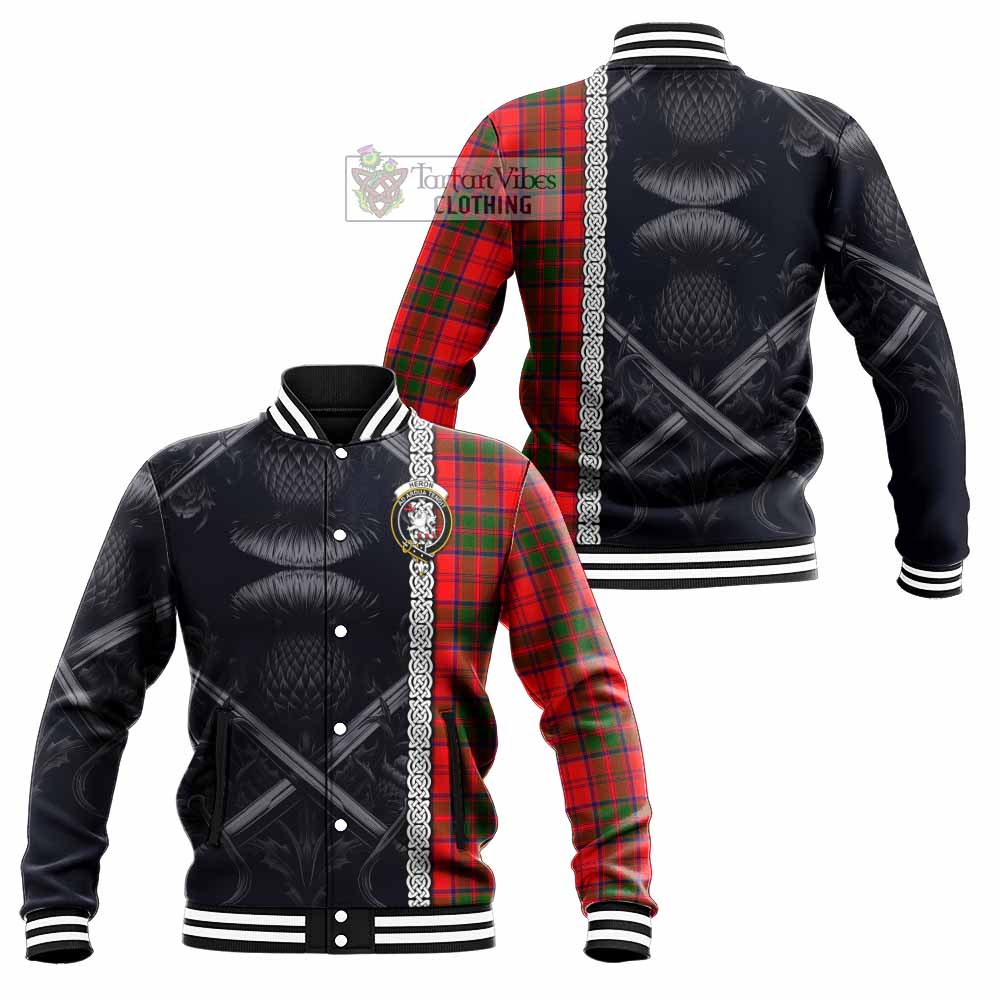 Heron Tartan Baseball Jacket with Family Crest Cross Sword Thistle Celtic Vibes - Tartan Vibes Clothing