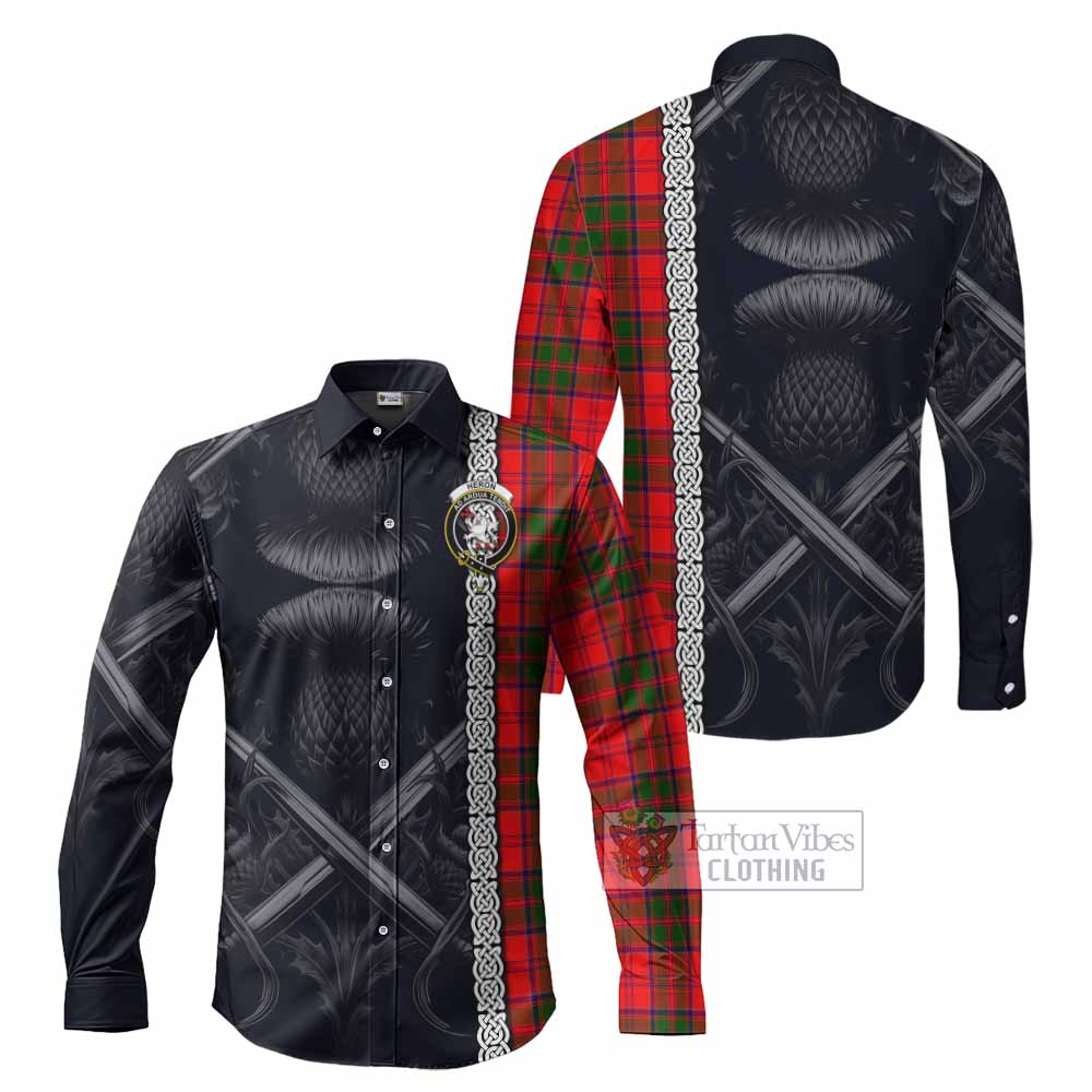 Tartan Vibes Clothing Heron Tartan Long Sleeve Button Shirt with Family Crest Cross Sword Thistle Celtic Vibes