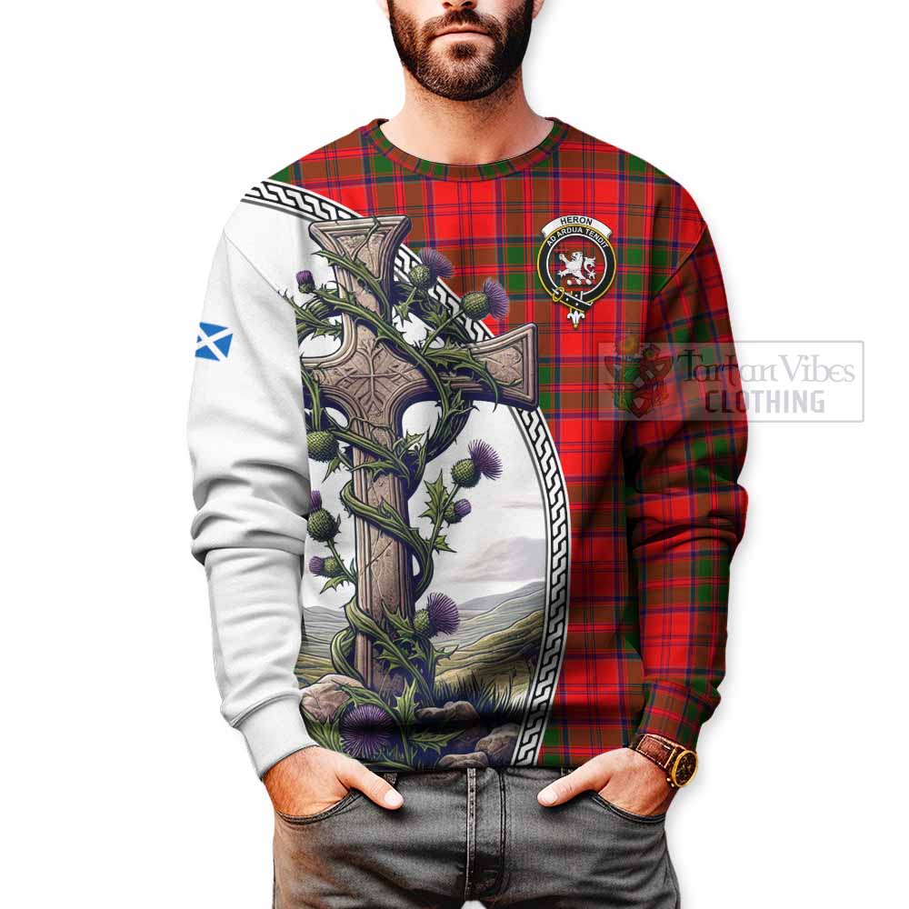 Heron Tartan Sweatshirt with Family Crest and St. Andrew's Cross Accented by Thistle Vines - Tartan Vibes Clothing