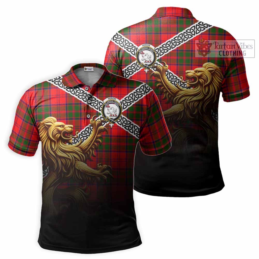 Heron Crest Tartan Polo Shirt with Golden Lion Emblem Celtic Style - Tartan Vibes Clothing