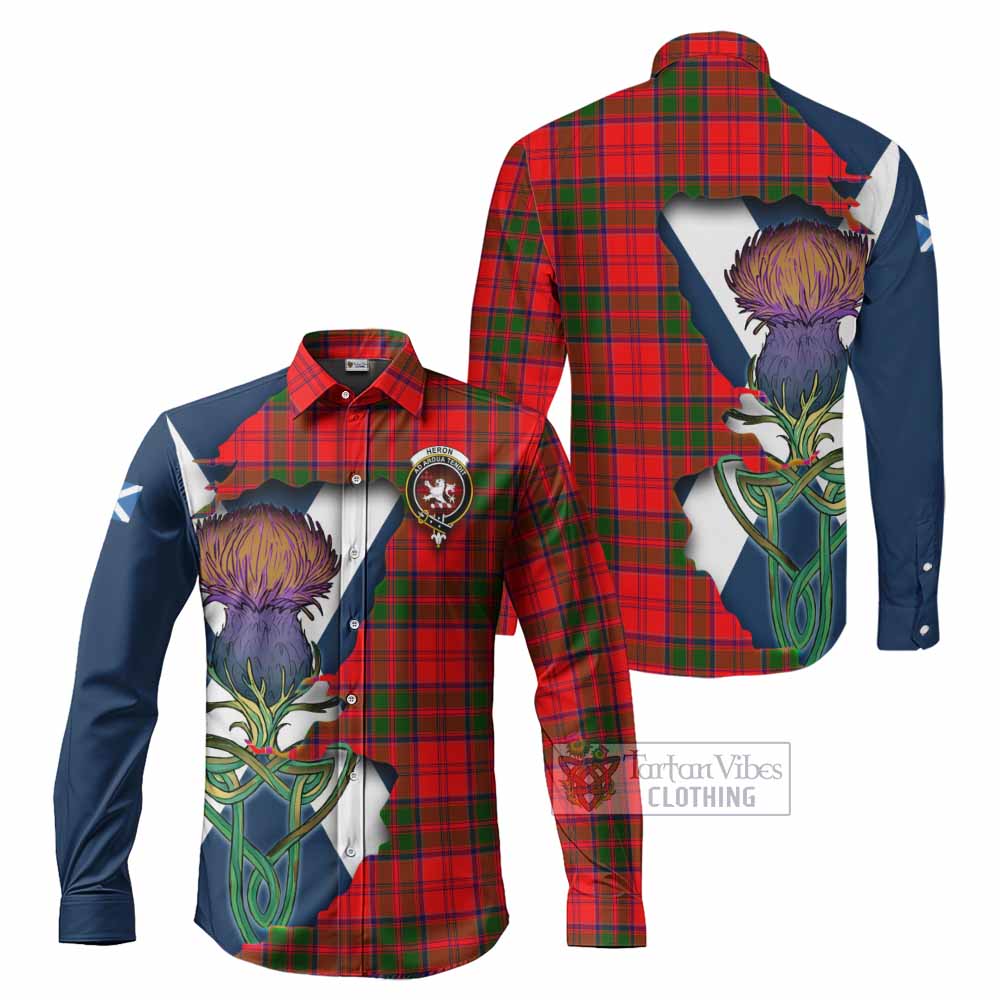 Heron Tartan Family Crest Long Sleeve Button Shirt Scottish Thistle Celtic Inspired - Tartan Vibes Clothing