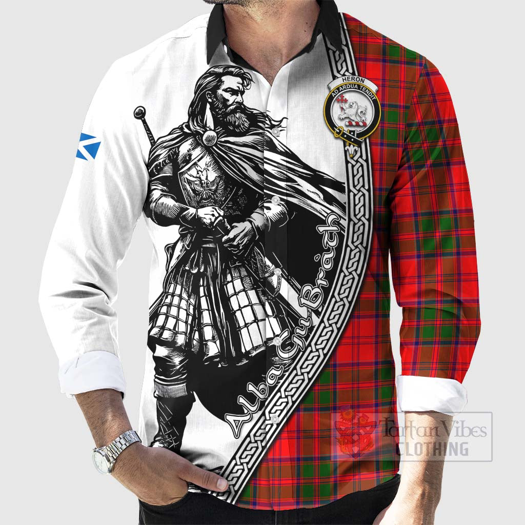 Heron Tartan Clan Crest Long Sleeve Button Shirt with Highlander Warrior Celtic Style - Tartan Vibes Clothing