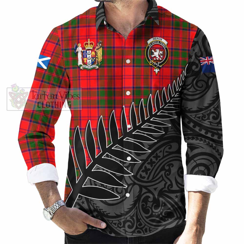 Heron Crest Tartan Long Sleeve Button Shirt with New Zealand Silver Fern Half Style - Tartan Vibes Clothing