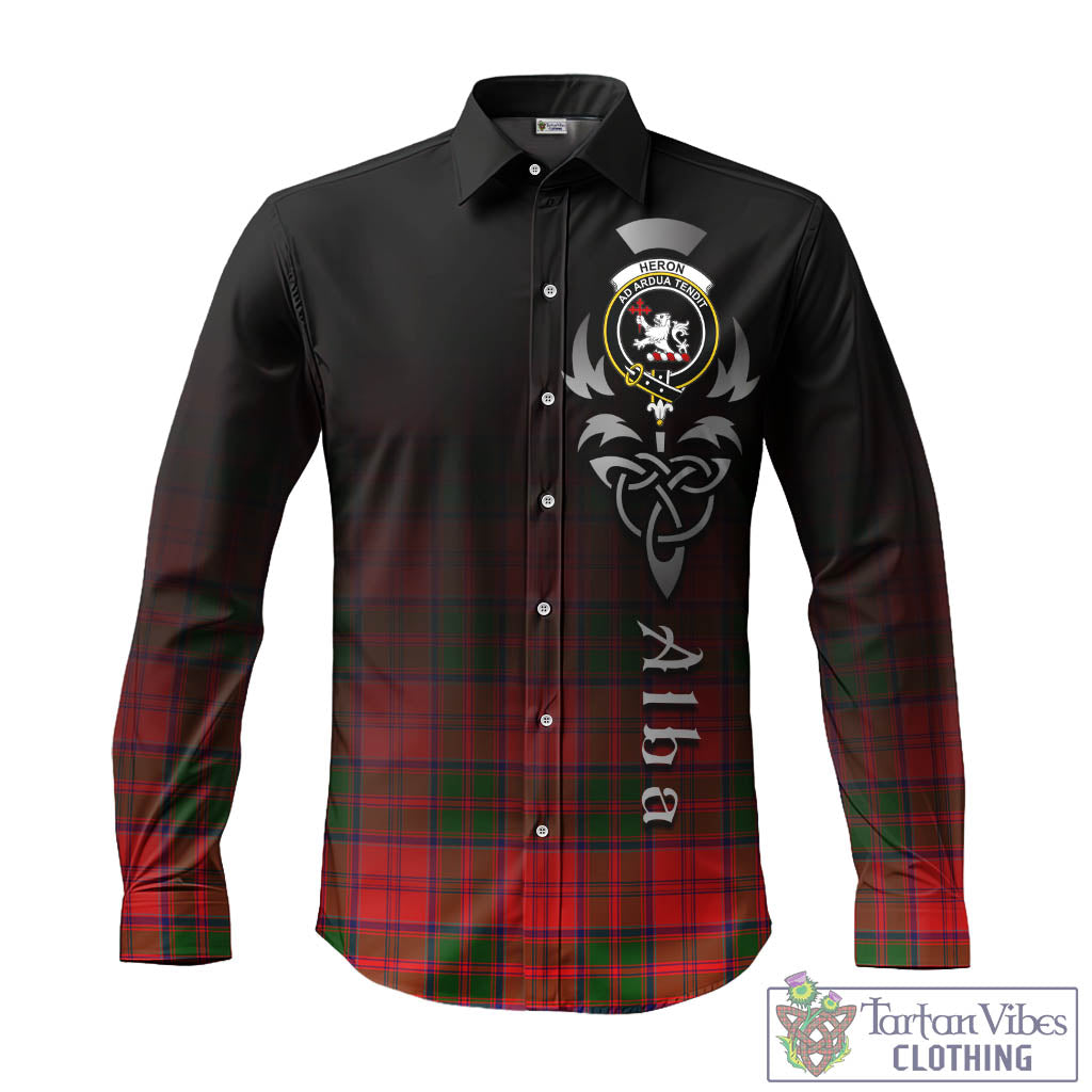 Heron Tartan Long Sleeve Button Up Featuring Alba Gu Brath Family Crest Celtic Inspired - Tartan Vibes Clothing