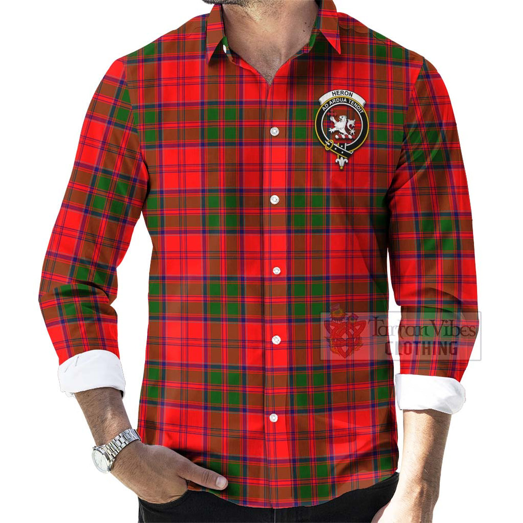 Heron Tartan Long Sleeve Button Shirt with Family Crest Celtic Skull Style - Tartan Vibes Clothing