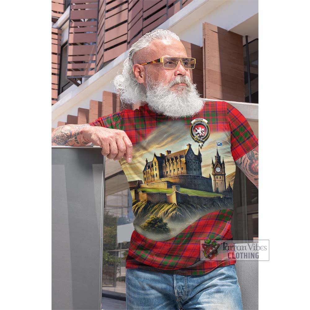 Heron Tartan Family Crest Cotton T-shirt with Scottish Ancient Castle Style - Tartan Vibes Clothing