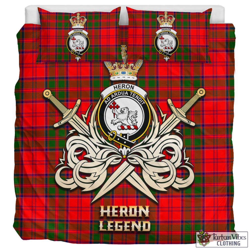 Tartan Vibes Clothing Heron Tartan Bedding Set with Clan Crest and the Golden Sword of Courageous Legacy