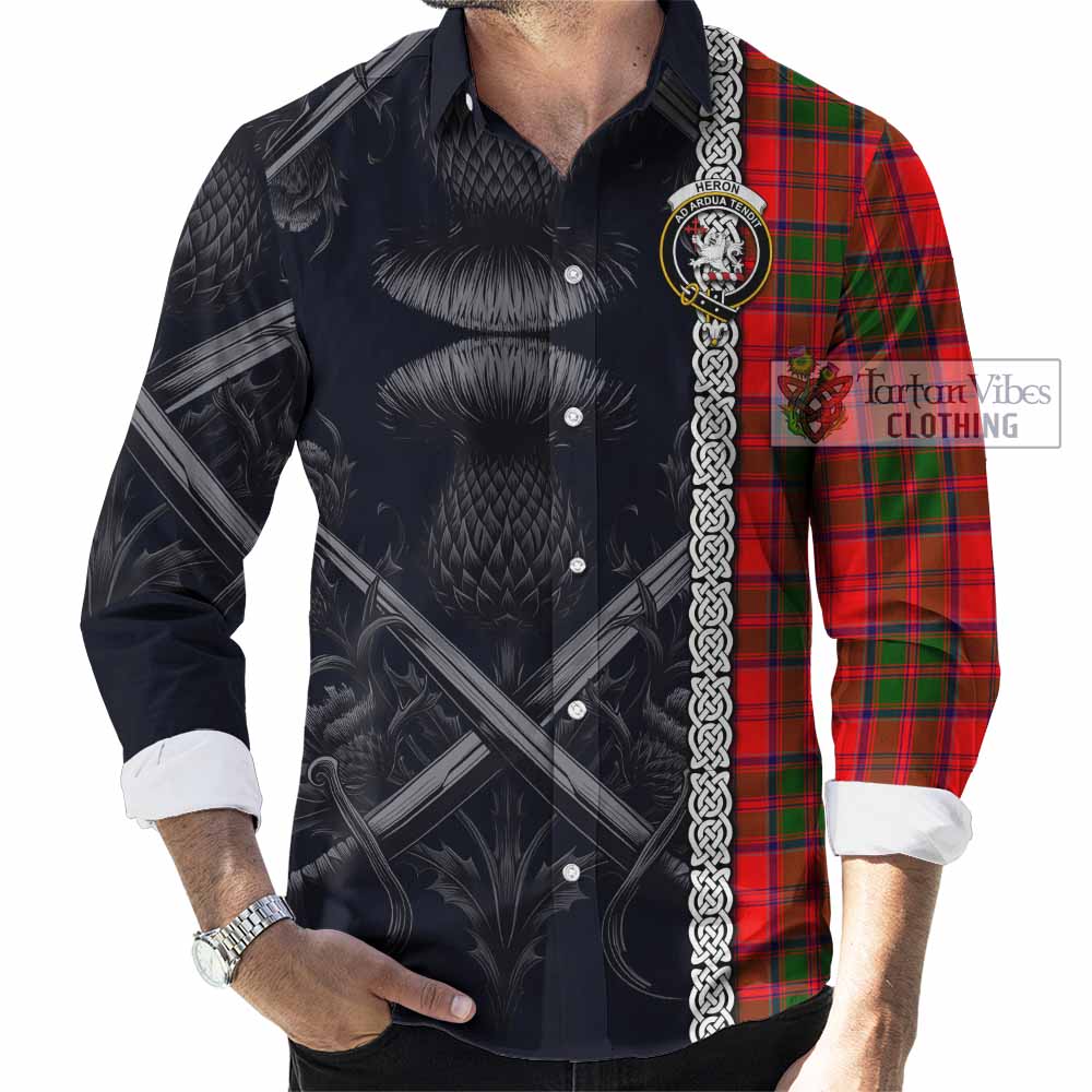 Tartan Vibes Clothing Heron Tartan Long Sleeve Button Shirt with Family Crest Cross Sword Thistle Celtic Vibes