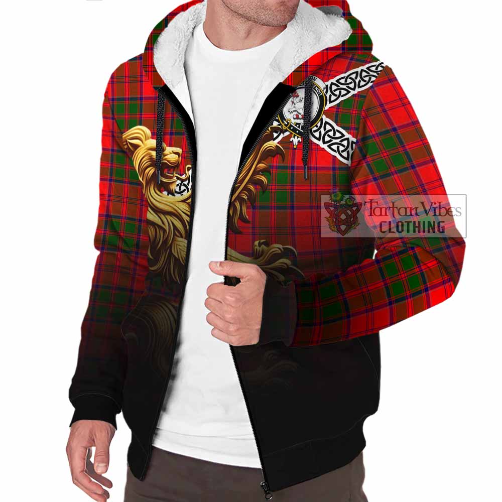 Heron Crest Tartan Sherpa Hoodie with Golden Lion Emblem Celtic Style - Tartan Vibes Clothing