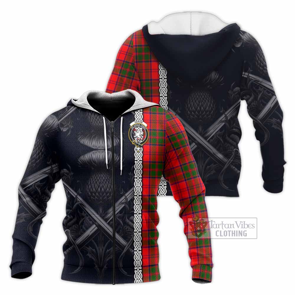 Heron Tartan Knitted Hoodie with Family Crest Cross Sword Thistle Celtic Vibes Unisex Knitted Zip Hoodie - Tartan Vibes Clothing