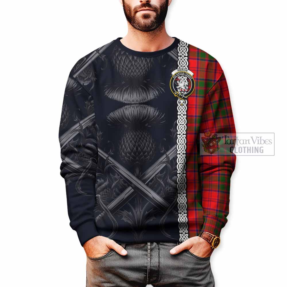 Heron Tartan Sweatshirt with Family Crest Cross Sword Thistle Celtic Vibes - Tartan Vibes Clothing