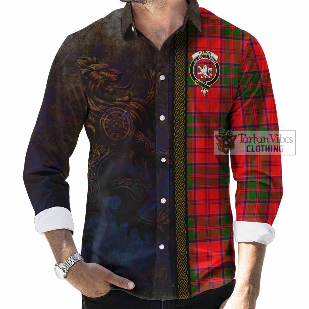 Heron Tartan Family Crest Long Sleeve Button Shirt Alba Gu Brath Be Brave Lion Ancient Style - Tartan Vibes Clothing