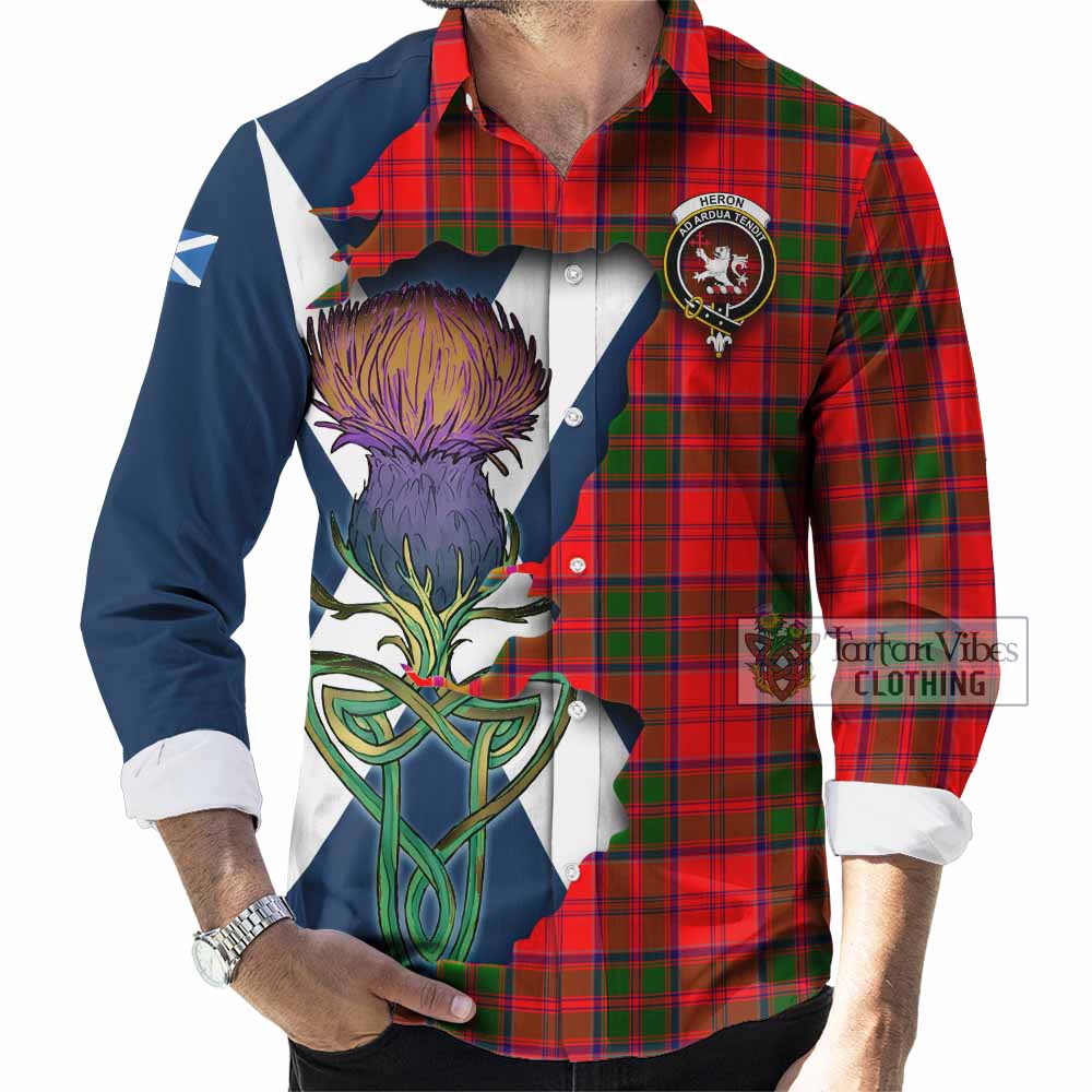 Heron Tartan Family Crest Long Sleeve Button Shirt Scottish Thistle Celtic Inspired - Tartan Vibes Clothing