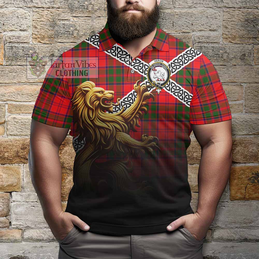 Heron Crest Tartan Polo Shirt with Golden Lion Emblem Celtic Style - Tartan Vibes Clothing