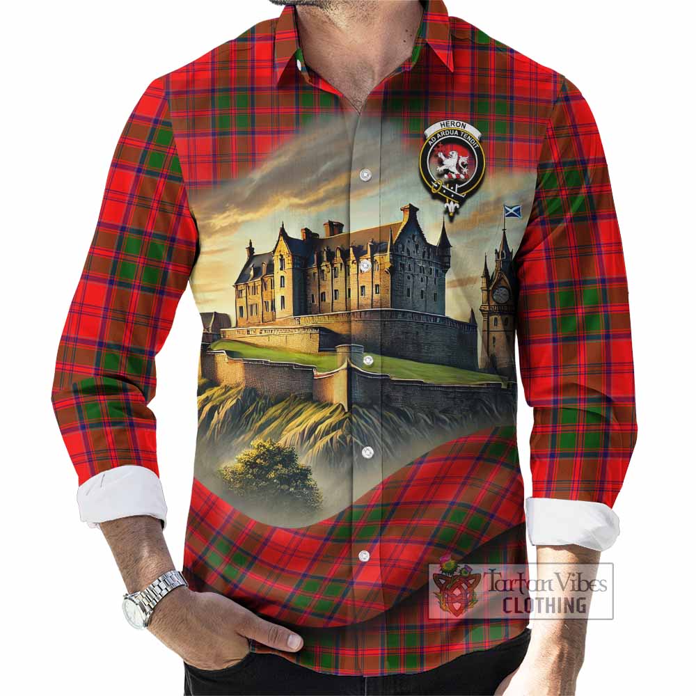 Tartan Vibes Clothing Heron Tartan Family Crest Long Sleeve Button Shirt with Scottish Ancient Castle Style