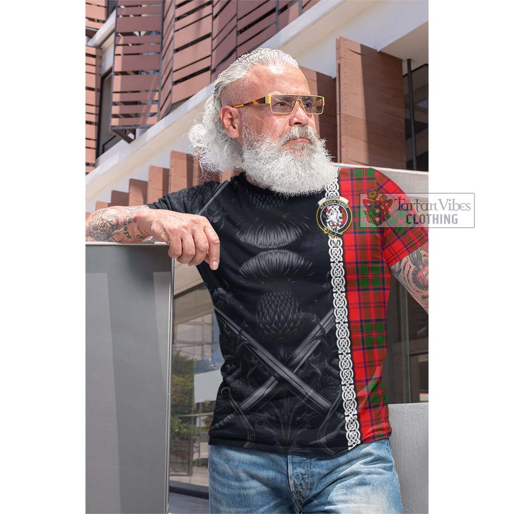 Heron Tartan Cotton T-shirt with Family Crest Cross Sword Thistle Celtic Vibes - Tartan Vibes Clothing