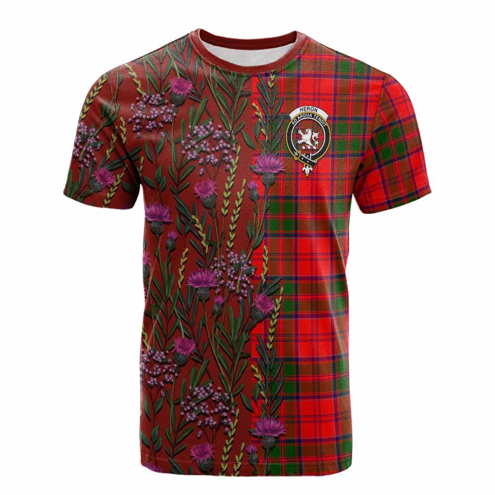 Heron Family Crest Tartan Cotton T-shirt Scottish Thistle Flower Pattern Half Style - Tartan Vibes Clothing