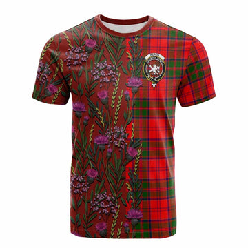Heron Family Crest Tartan Cotton T-shirt Scottish Thistle Flower Pattern Half Style