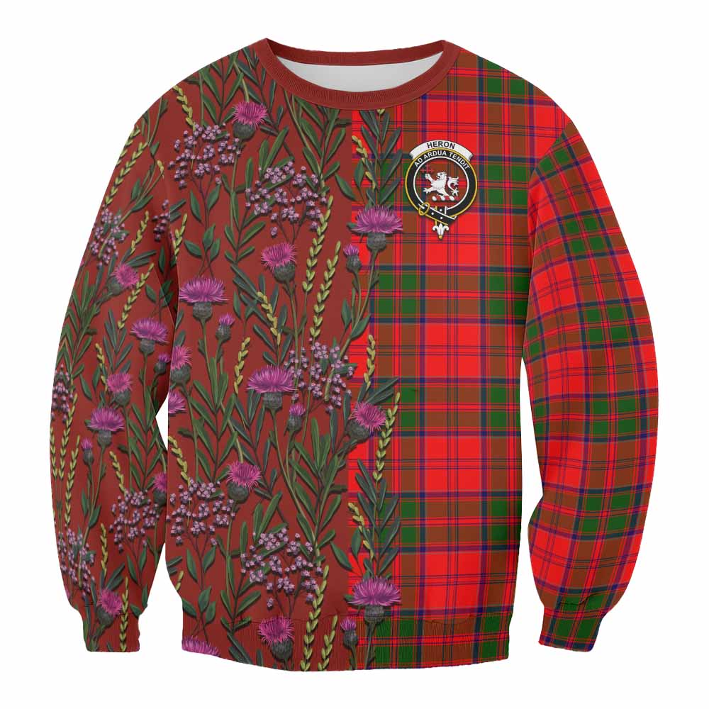 Heron Family Crest Tartan Sweatshirt Scottish Thistle Flower Pattern Half Style - Tartan Vibes Clothing
