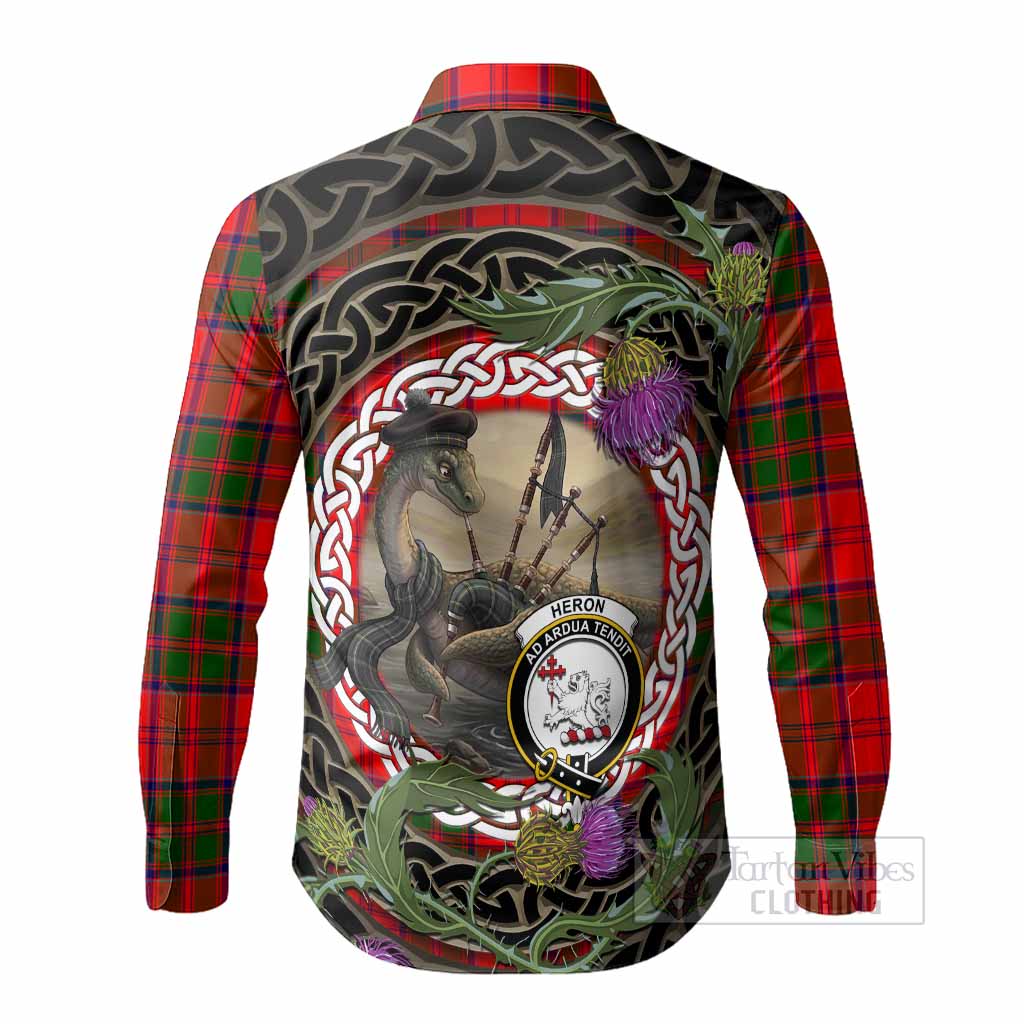 Heron Tartan Crest Bagpipe Nessie Long Sleeve Button Shirts Scottish Loch Ness Monster Celtic Thistle