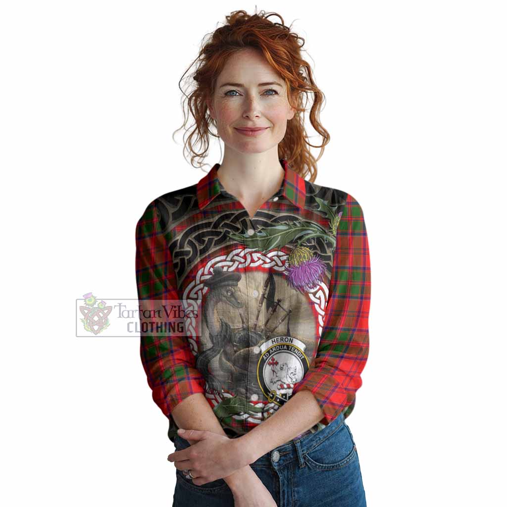 Heron Tartan Crest Bagpipe Nessie Women Casual Shirt Scottish Loch Ness Monster Celtic Thistle