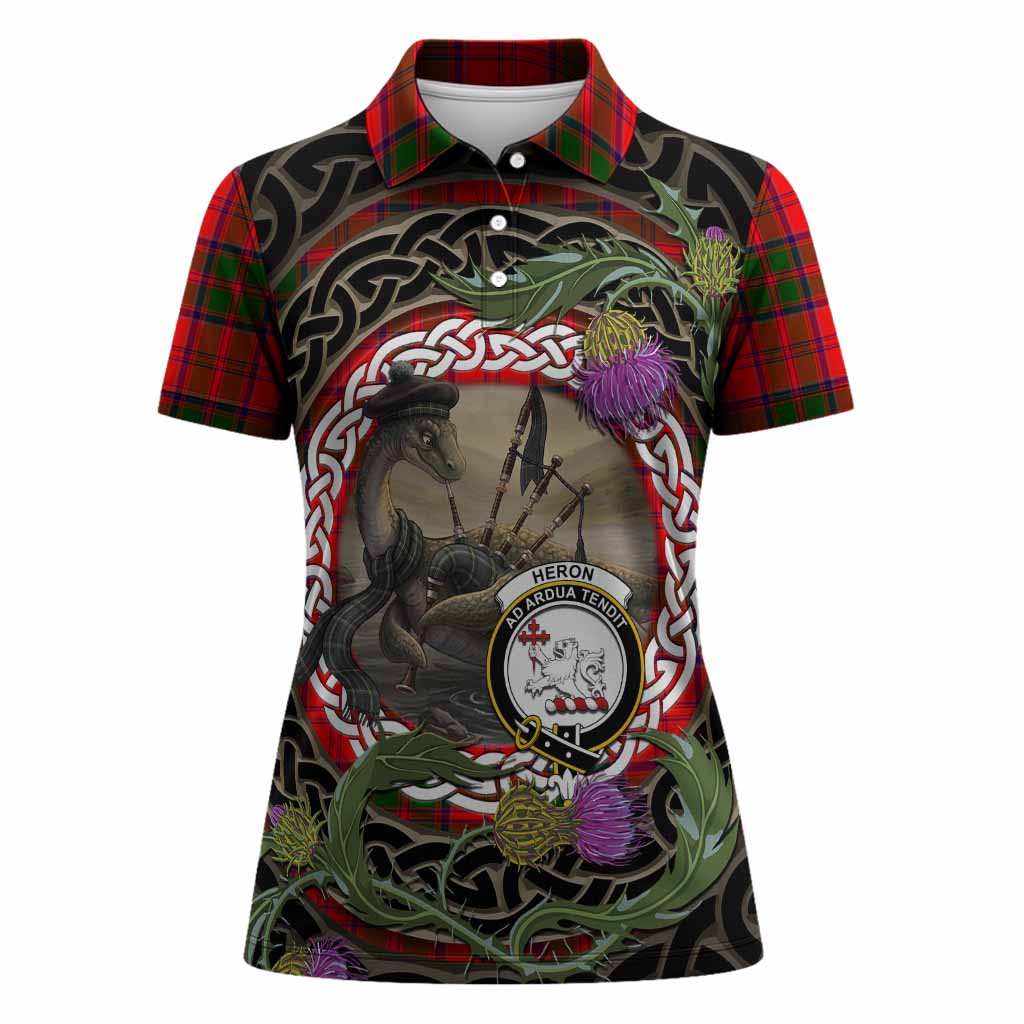 Heron Tartan Crest Bagpipe Nessie Women Polo Shirt Scottish Loch Ness Monster Celtic Thistle