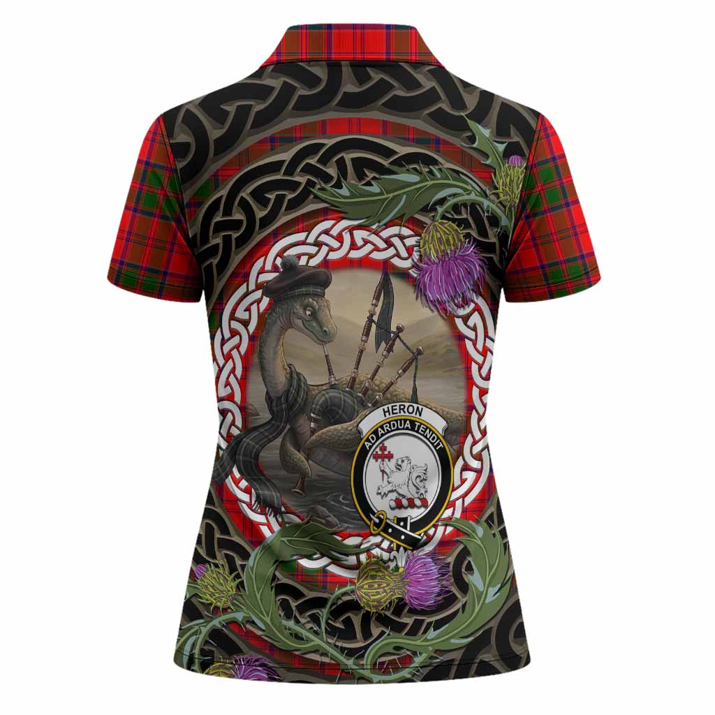 Heron Tartan Crest Bagpipe Nessie Women Polo Shirt Scottish Loch Ness Monster Celtic Thistle