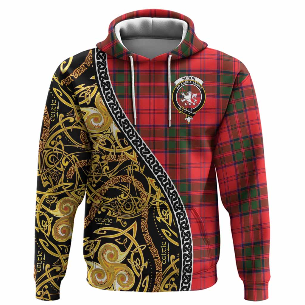 Heron Tartan Crest Hoodie Celtic Knot and Triple Trickle Spiral Symbols