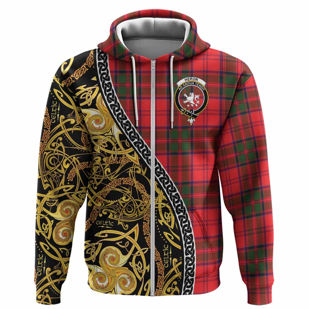 Heron Tartan Crest Hoodie Celtic Knot and Triple Trickle Spiral Symbols