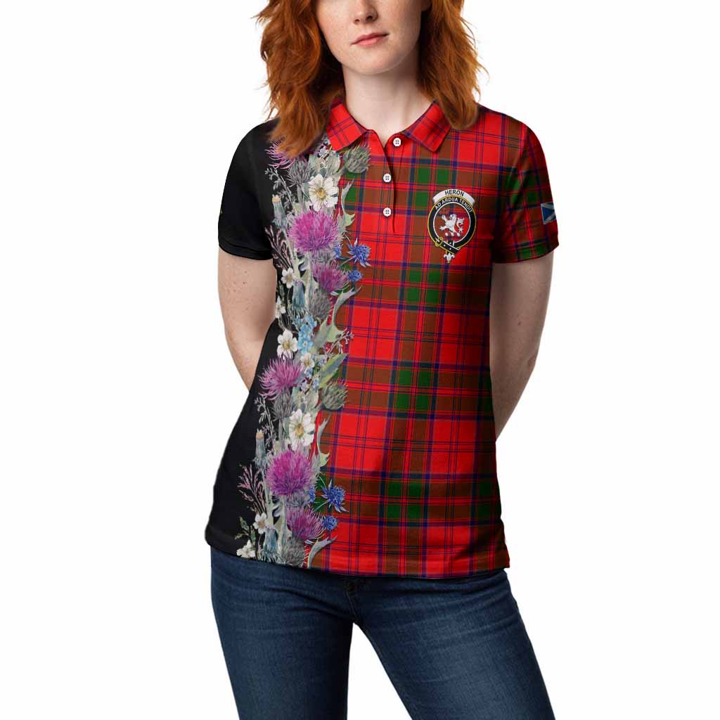 Heron Tartan Crest Thistle Floral Women Polo Shirt