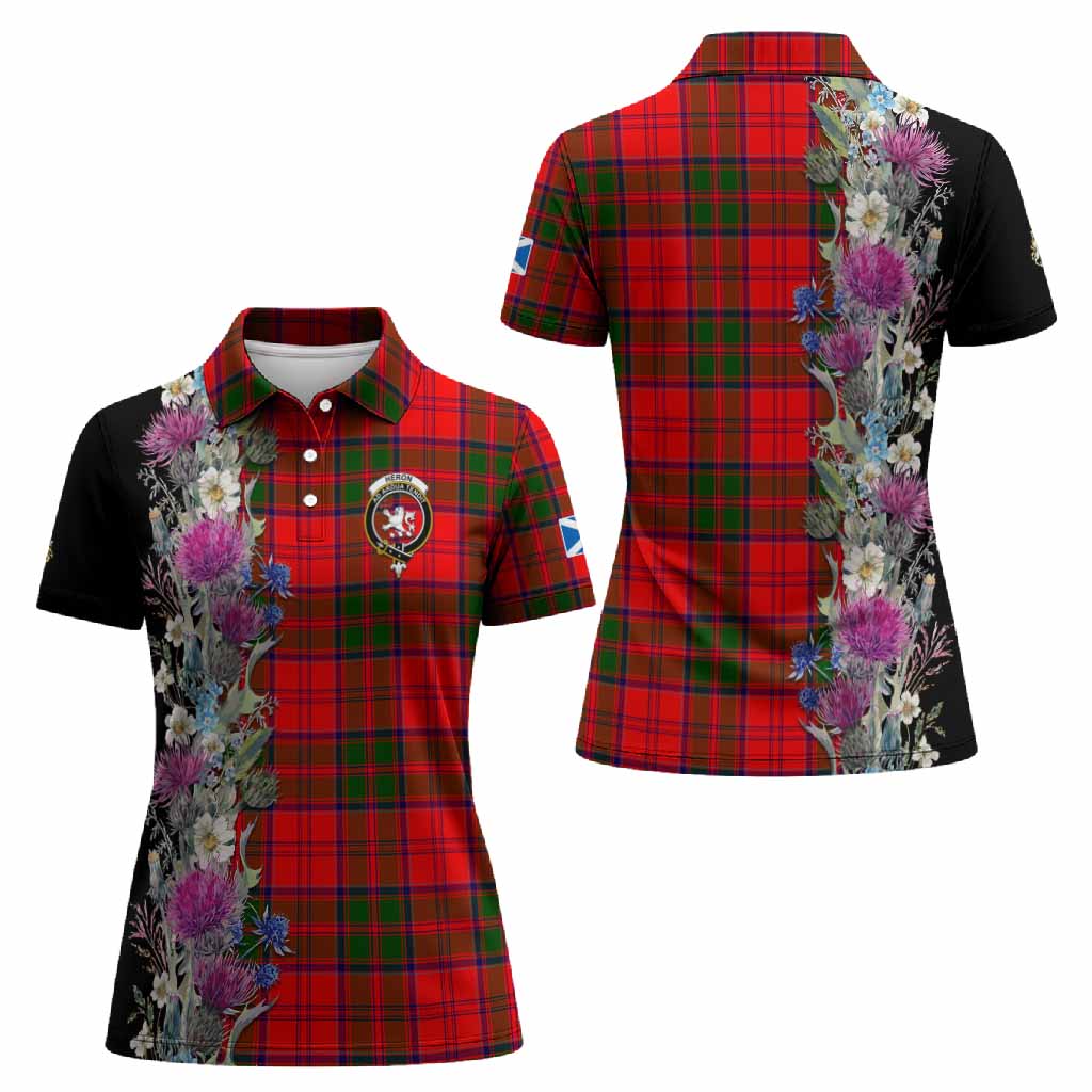 Heron Tartan Crest Thistle Floral Women Polo Shirt