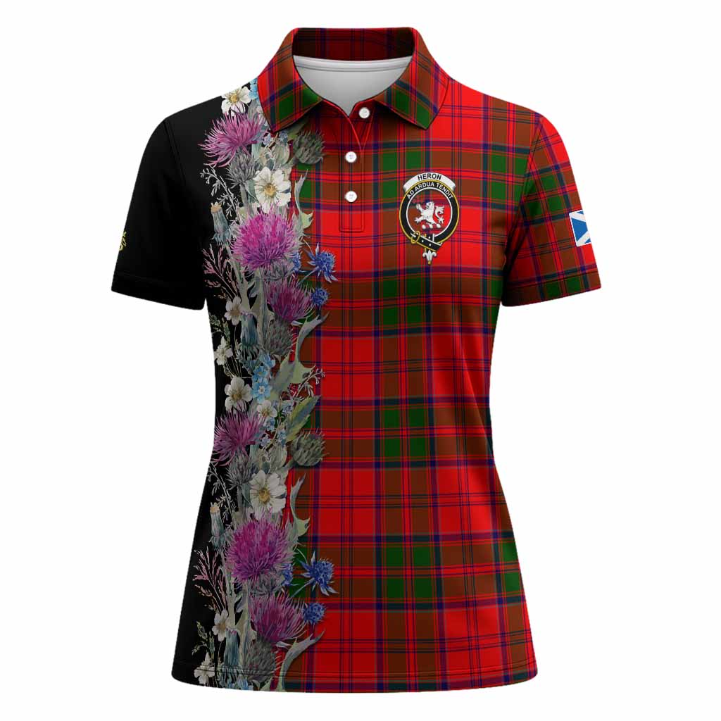 Heron Tartan Crest Thistle Floral Women Polo Shirt