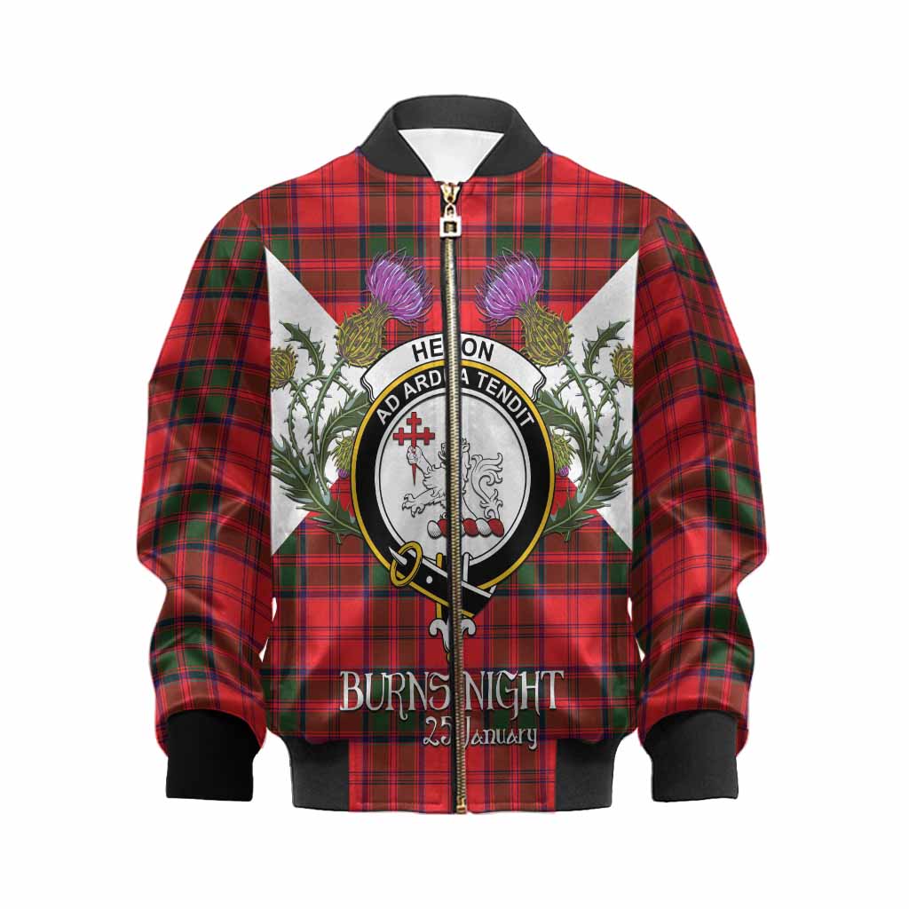 Heron Tartan Family Crest Kid Bomber Jacket Scottish Burns Night Thistle Floral