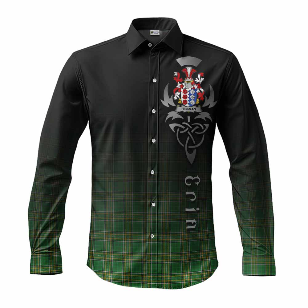 Tartan Vibes Clothing Hickman Irish Clan Long Sleeve Button Shirt with Coat of Arms Erin Go Bragh Celtic Inspired