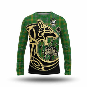 Higgin Irish Tartan Long Sleeve T-Shirt with Coat of Arms Celtic Wolf Style