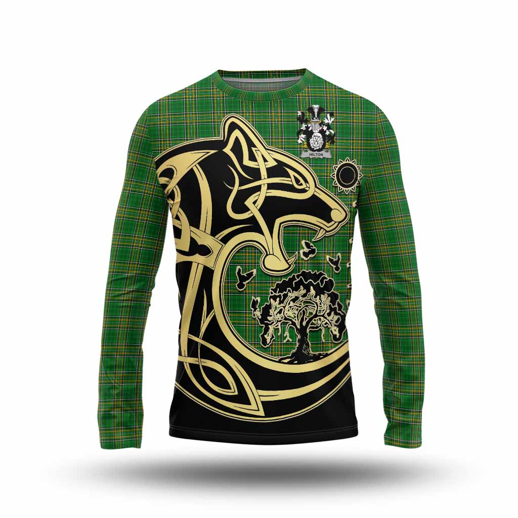 Tartan Vibes Clothing Hilton Irish Tartan Long Sleeve T-Shirt with Coat of Arms Celtic Wolf Style