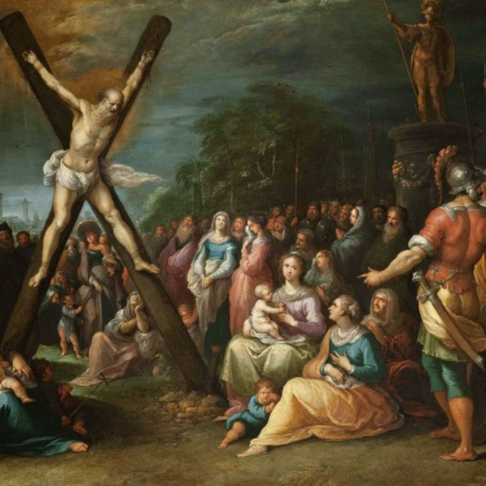 Painting of Saint Andrew being crucified on an X-shaped cross before a gathered crowd.