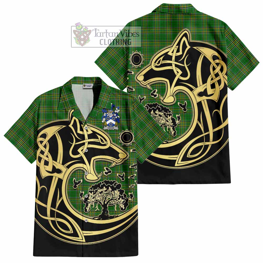 Tartan Vibes Clothing Hodge Irish Tartan Short Sleeve Button Shirt with Coat of Arms Celtic Wolf Style